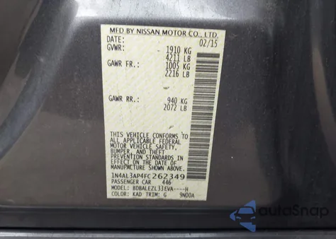 2015 Nissan Altima 2.5 S from USA, damaged, VIN 1N4AL3AP4FC262349